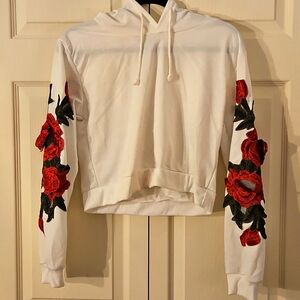 Cropped Hoodie With Roses On Arms